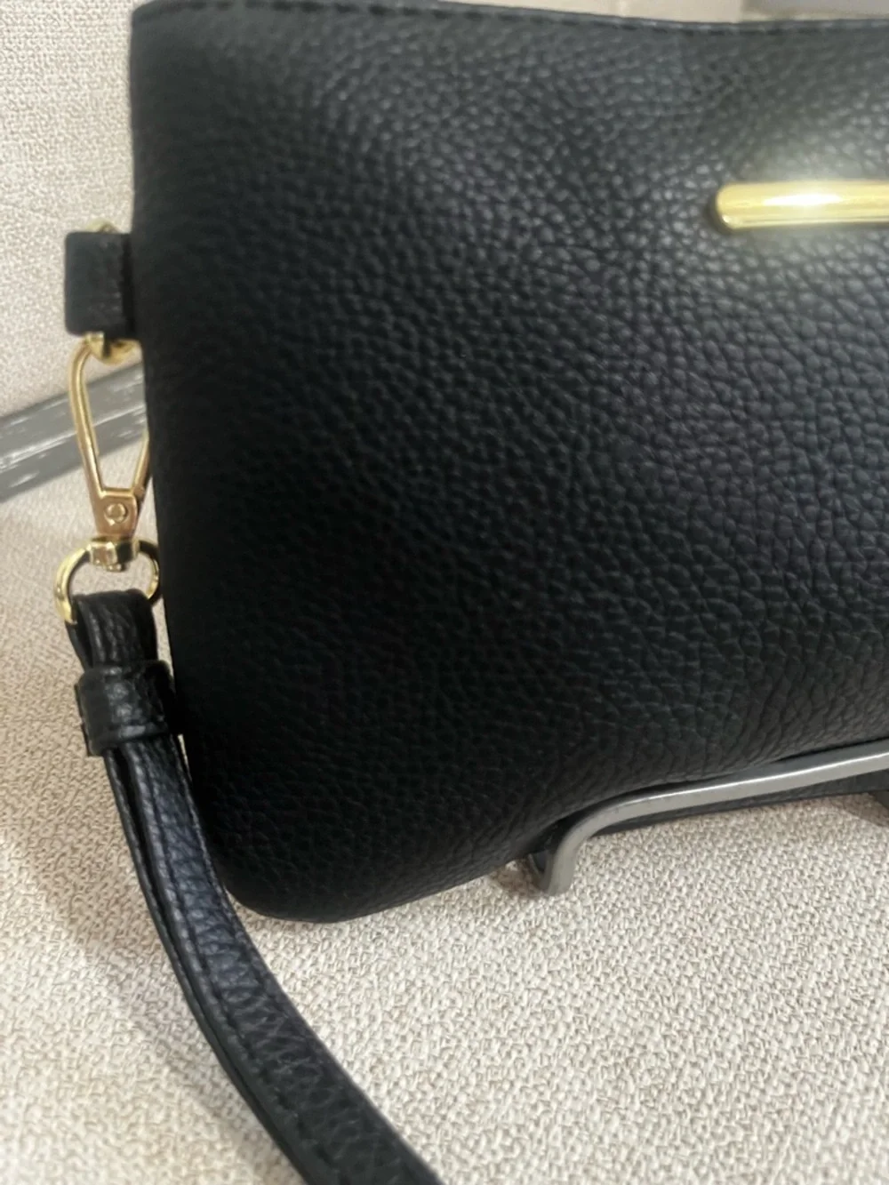 Black Pebbled Leather Wristlet Clutch with Gold Accent